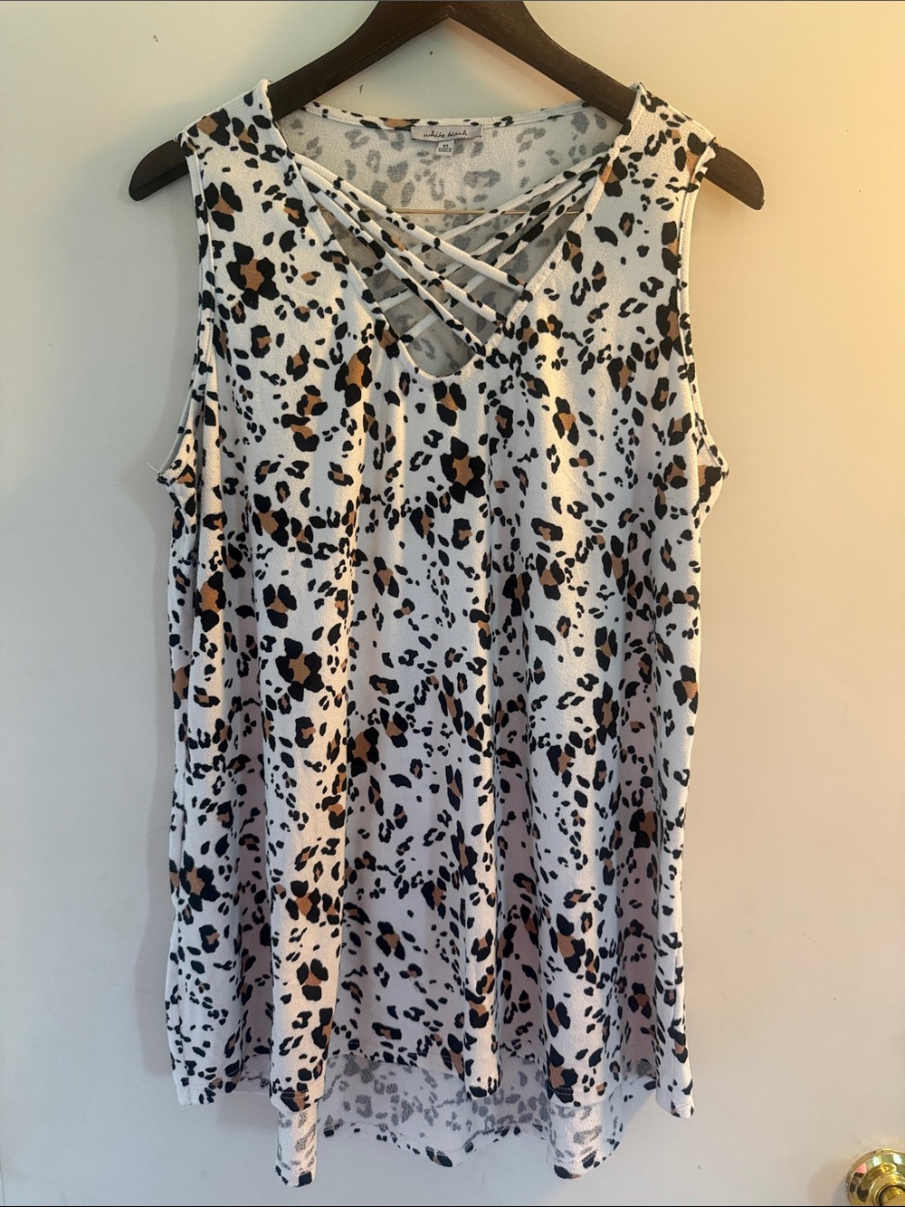 White Birch Women’s Crisscross Leopard Print Sleeveless High Lo Tunic Top Sz XL